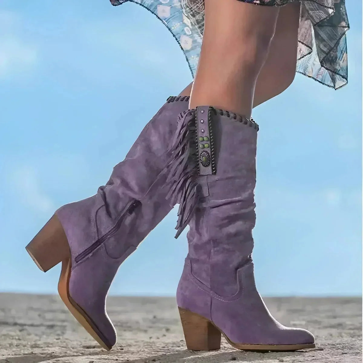 Purple Women's Suede Fringe Cowboy Boots with Block Heel & Knee-High Design - Side Profile Detail