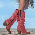 Red Women's Suede Fringe Cowboy Boots with Block Heel & Knee-High Design — Aurora - Close Up Fringe Detail