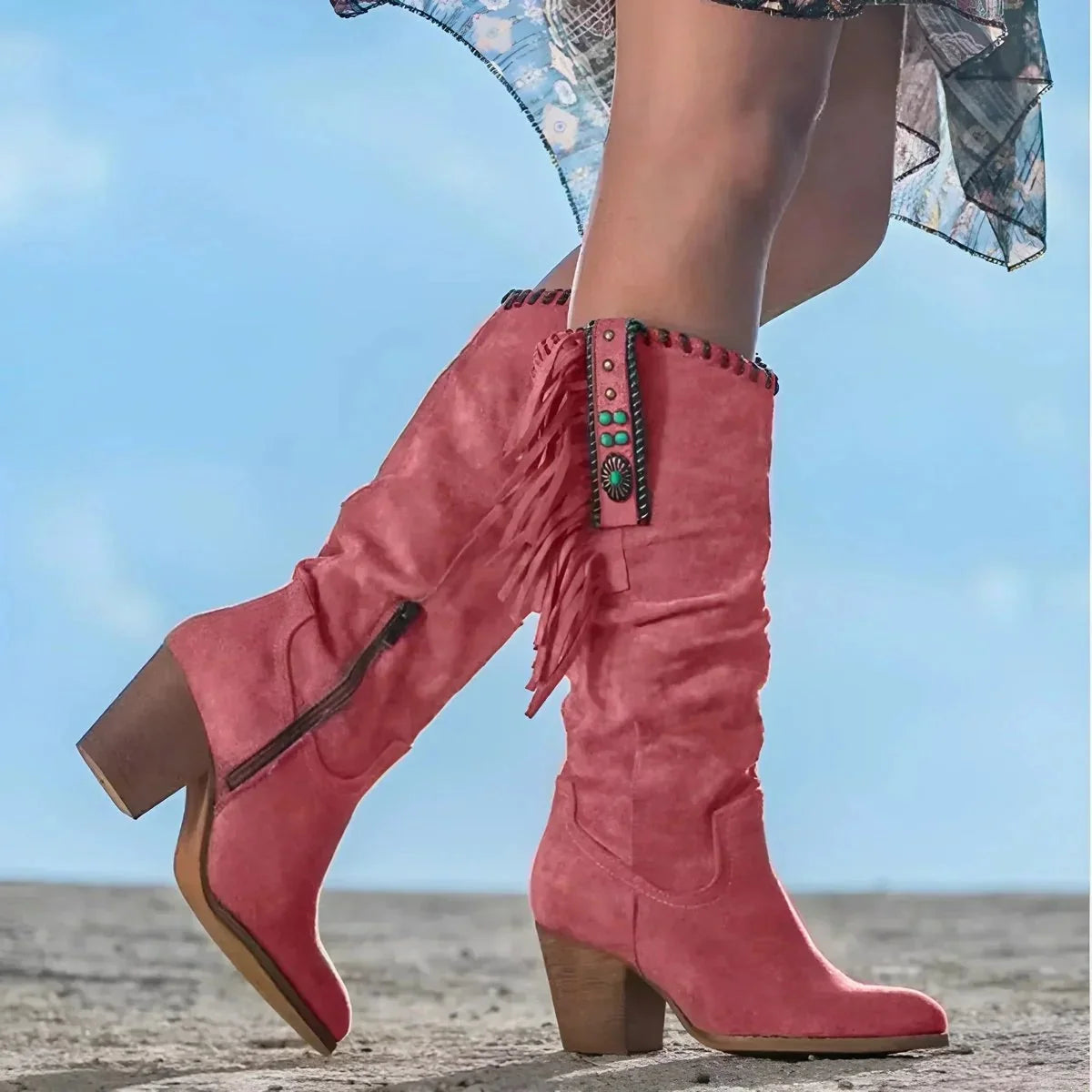 Red Women's Suede Fringe Cowboy Boots with Block Heel & Knee-High Design — Aurora - Close Up Fringe Detail