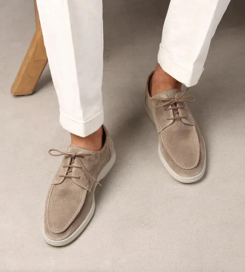 Beige Men's Suede Lace-Up Loafers with Moc Toe Design - Front Worn Pair