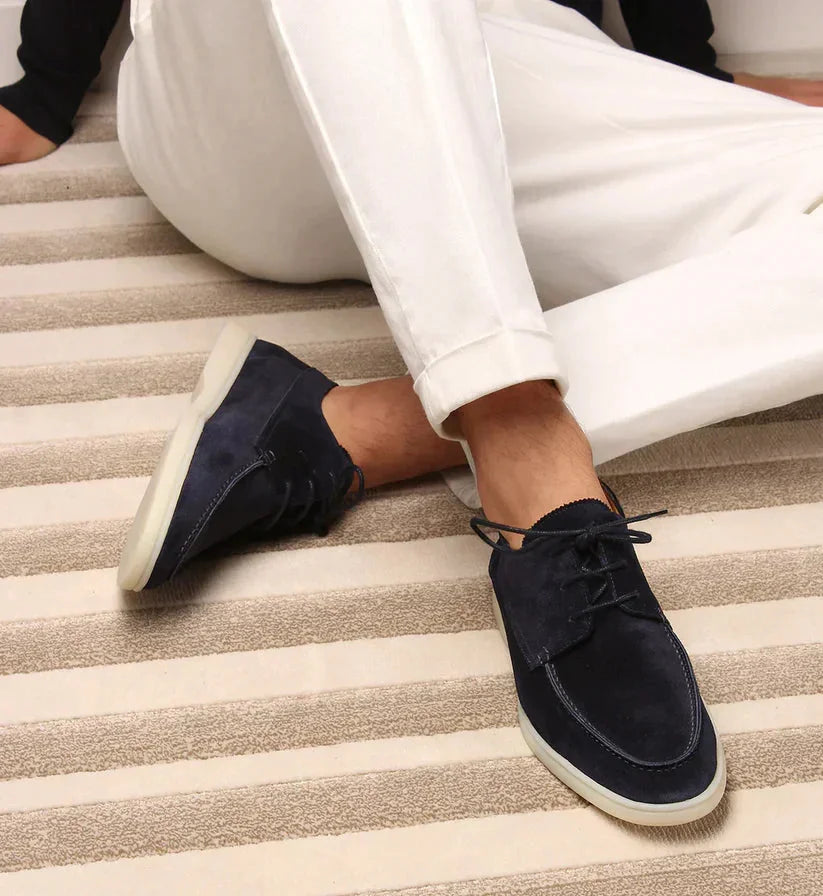 Dark Blue Men's Suede Lace-Up Loafers with Moc Toe Design - Seated Lifestyle Pose