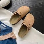 Beige Women's Suede Slip-On Mules with Buckle Strap Detail