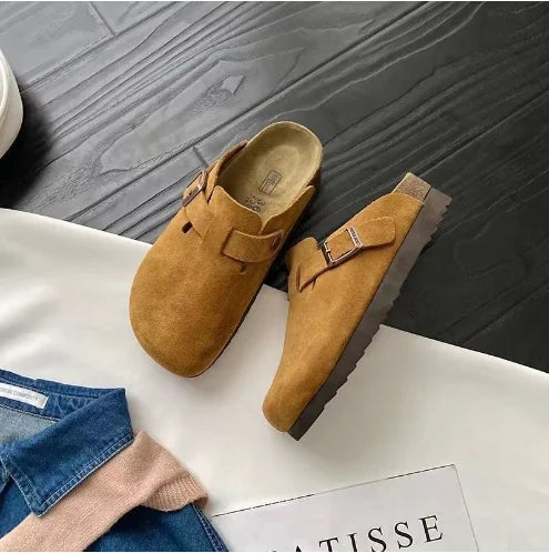 Brown Women's Suede Slip-On Mules with Buckle Strap Detail