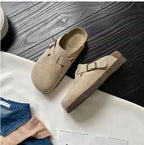 Grey Women's Suede Slip-On Mules with Buckle Strap Detail