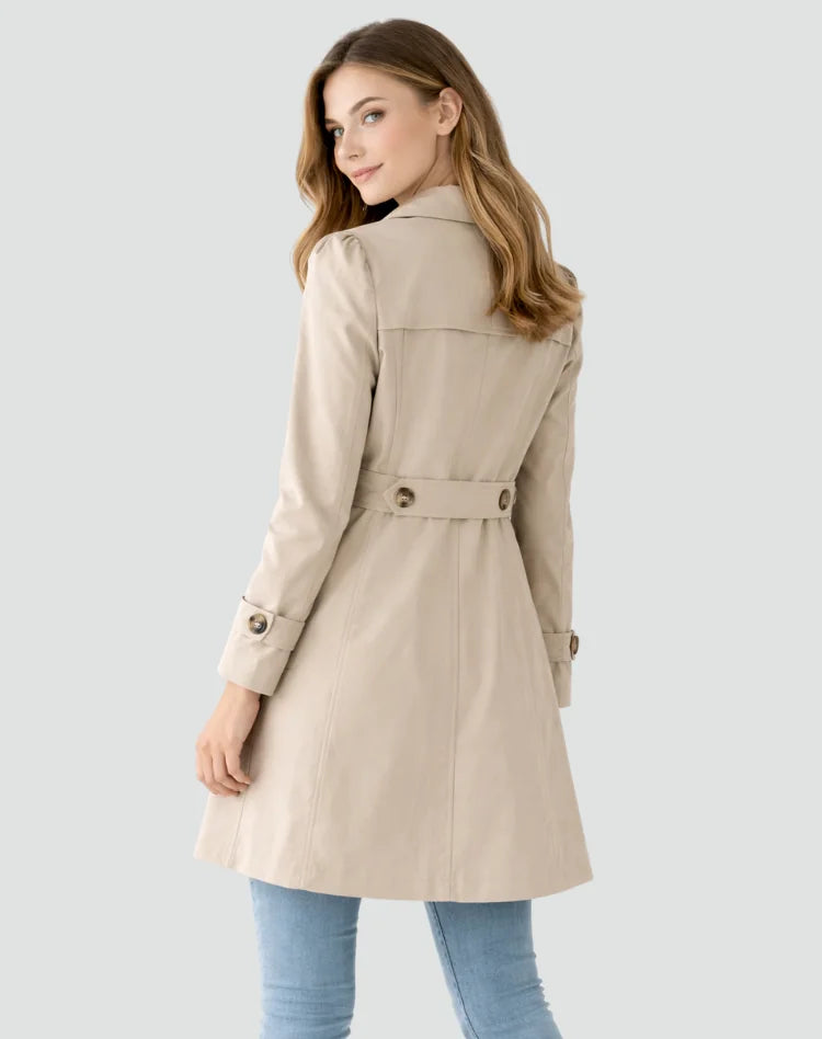 Women's Tailored Trench Coat with Belted Waist & Button Front - Back Detail
