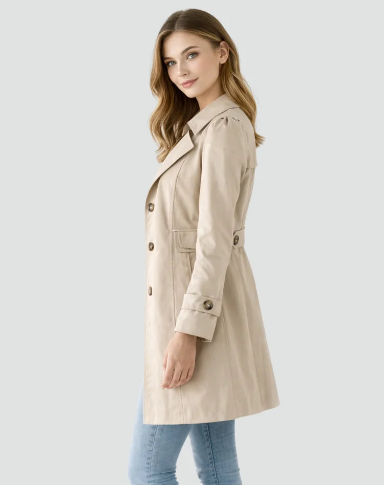 Women's Tailored Trench Coat with Belted Waist & Button Front - Side Profile