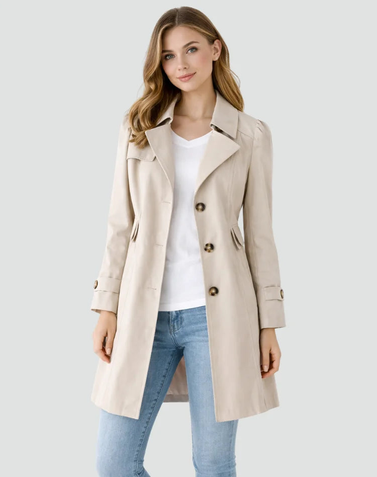 Beige Women's Tailored Trench Coat with Belted Waist & Button Front