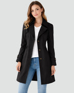 Black Women's Tailored Trench Coat with Belted Waist & Button Front
