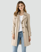 Khaki Women's Tailored Trench Coat with Belted Waist & Button Front - Front Pose