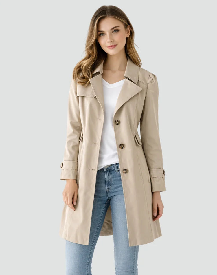 Khaki Women's Tailored Trench Coat with Belted Waist & Button Front - Front Pose