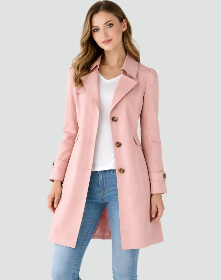 Pink Women's Tailored Trench Coat with Belted Waist & Button Front