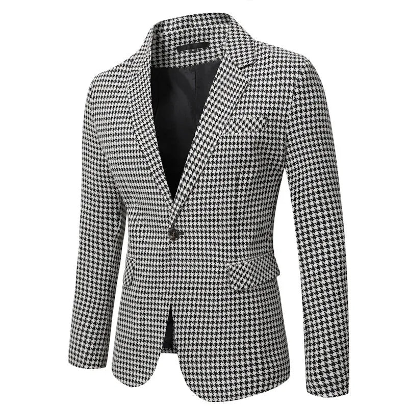 9901 Men's Tailored Blazer in Houndstooth Print with Notched Lapel & Flap Pockets — Reid - Front Flat