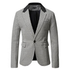 9881 Men's Tailored Blazer in Houndstooth Print with Notched Lapel & Flap Pockets — Reid - Front Full