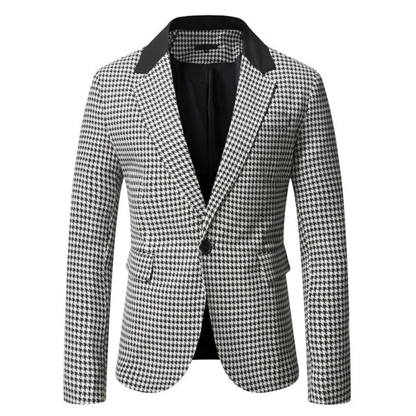 9881 Men's Tailored Blazer in Houndstooth Print with Notched Lapel & Flap Pockets — Reid - Front Full