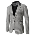 9881 Men's Tailored Blazer in Houndstooth Print with Notched Lapel & Flap Pockets — Reid - Side Pose