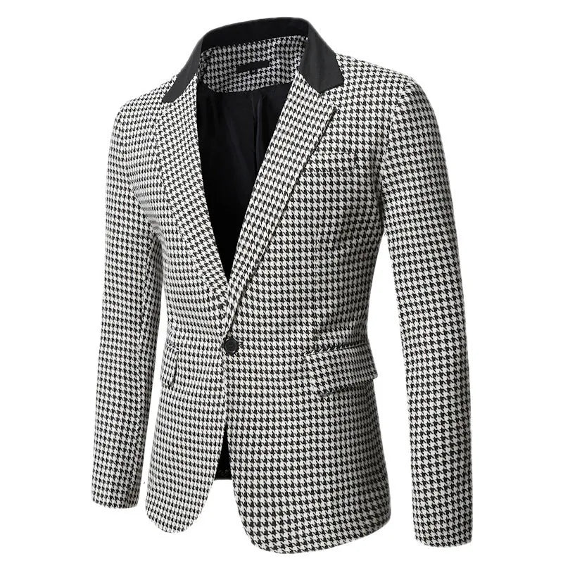 9881 Men's Tailored Blazer in Houndstooth Print with Notched Lapel & Flap Pockets — Reid - Side Pose