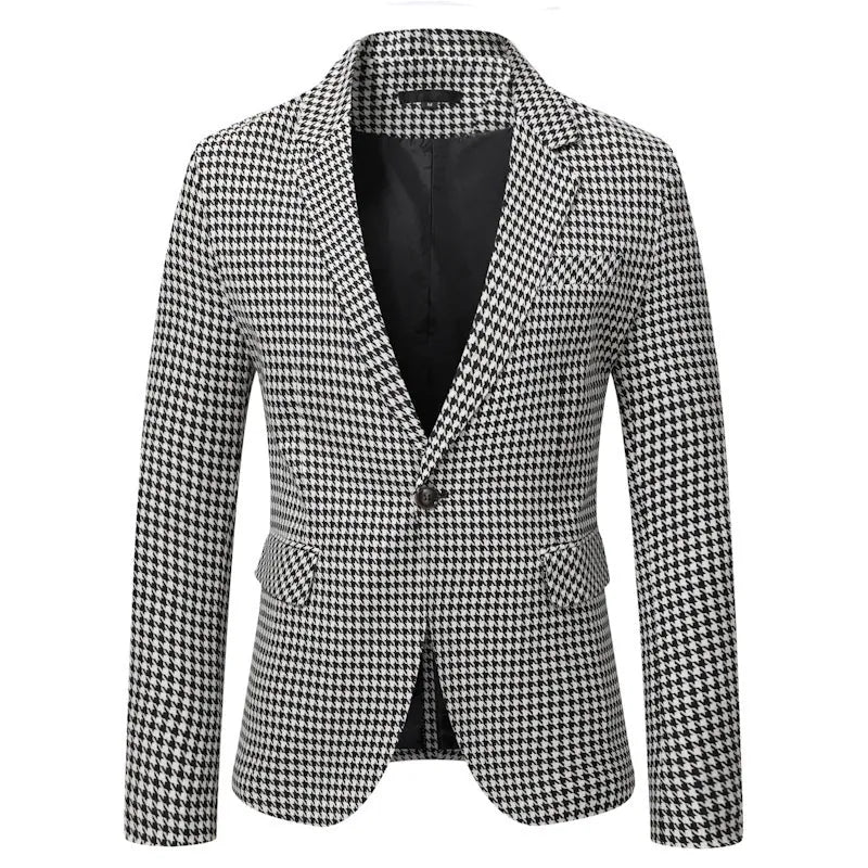 9881 Men's Tailored Blazer in Houndstooth Print with Notched Lapel & Flap Pockets — Reid