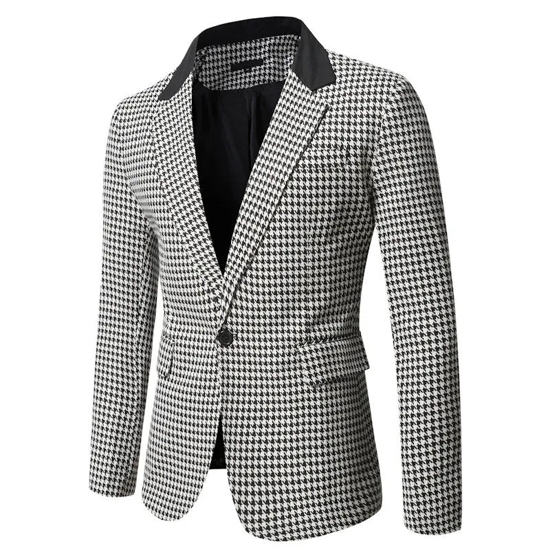 9901 Men's Tailored Blazer in Houndstooth Print with Notched Lapel & Flap Pockets — Reid