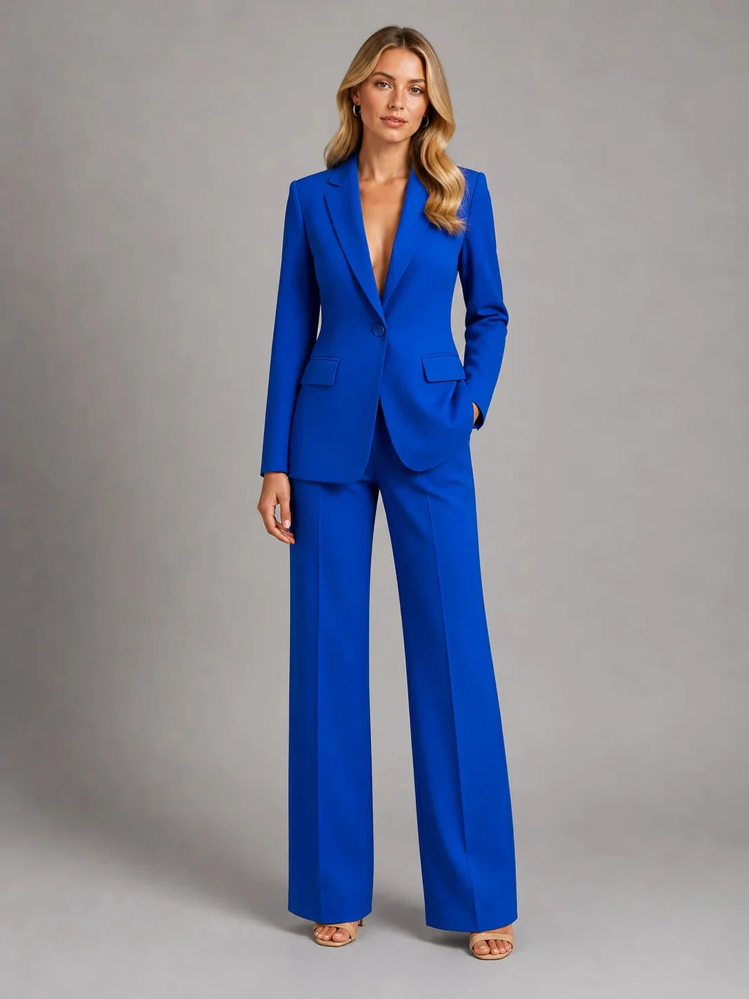White Women's Blazer Pants Set with Relaxed Fit & Stretch Comfort - Front Full Pose
