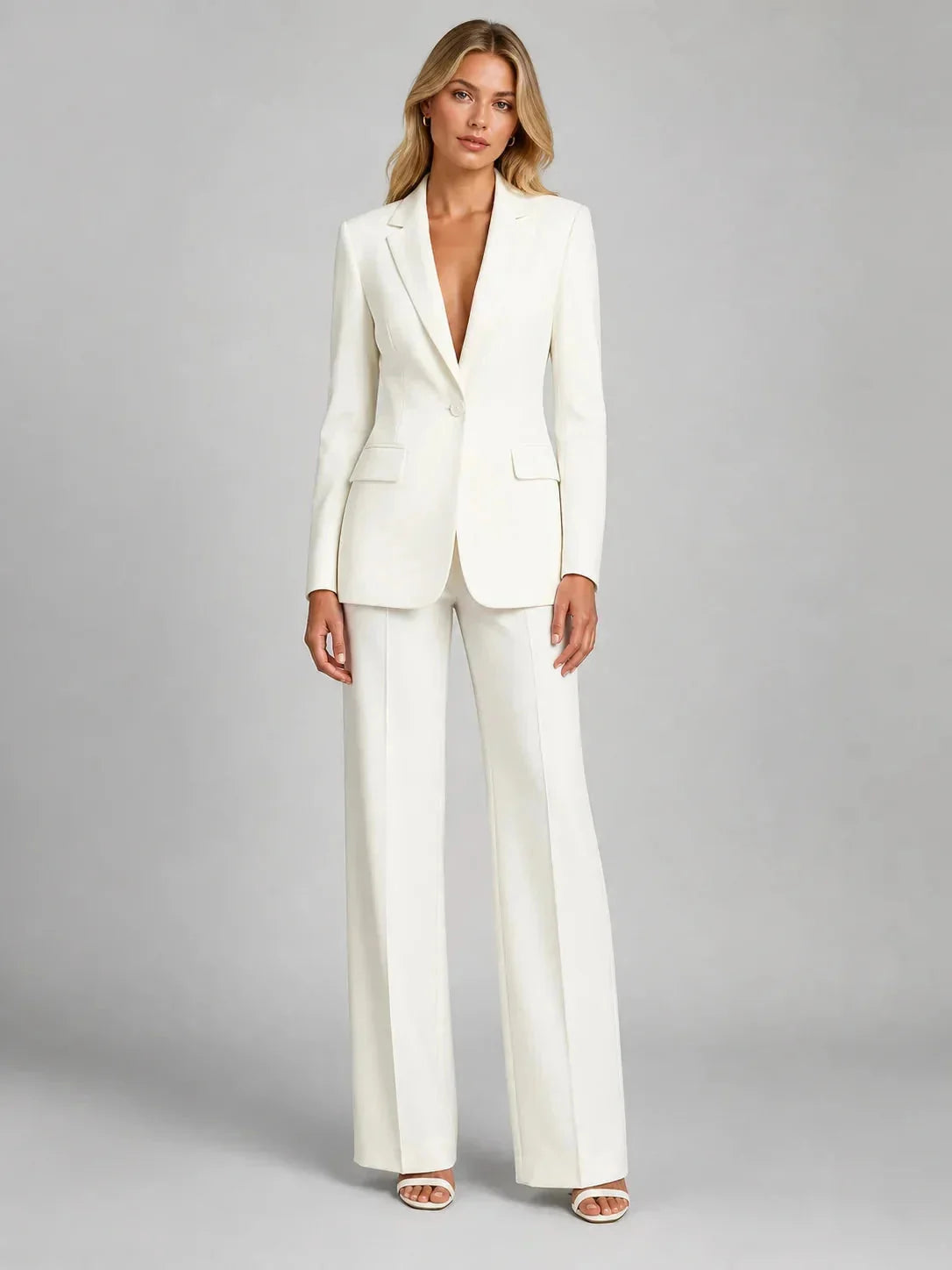 White Women's Blazer Pants Set with Relaxed Fit & Stretch Comfort — Nova