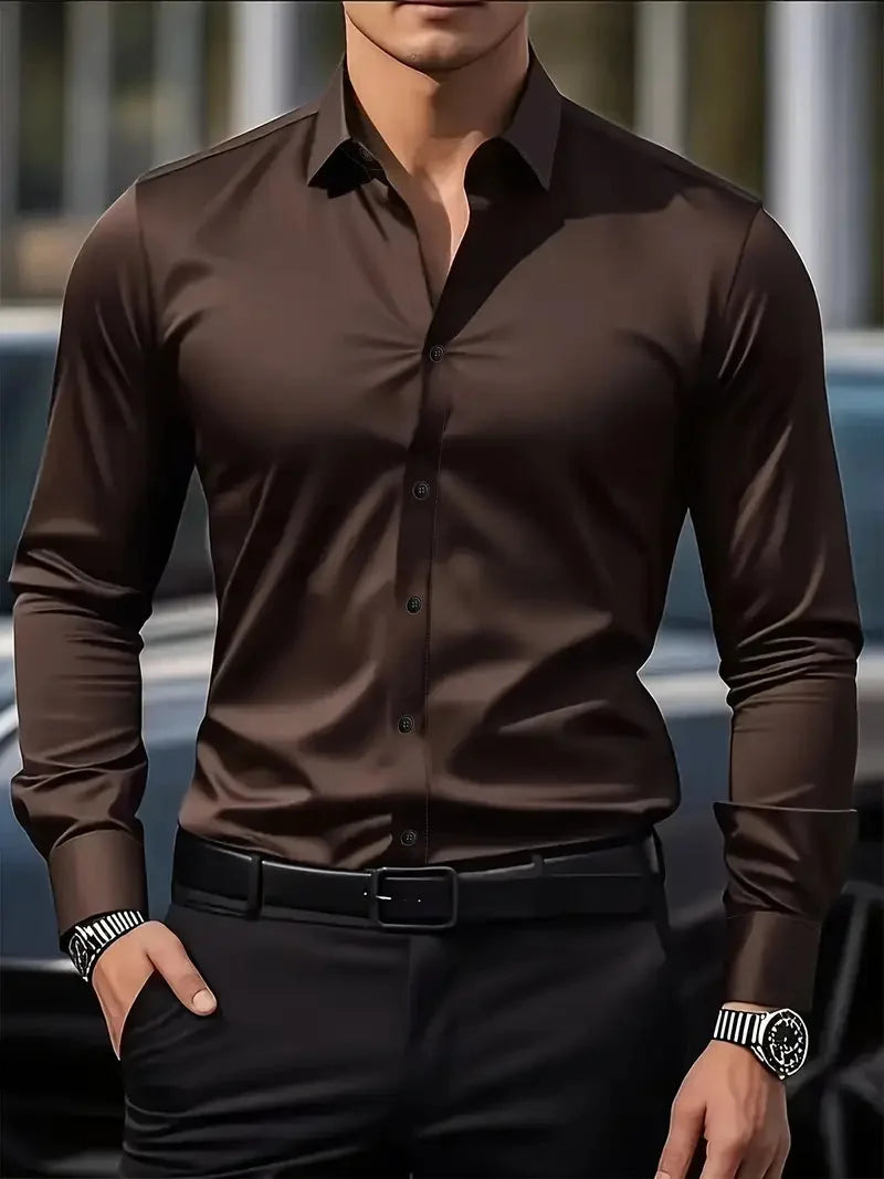 Coffee Men's Tailored Executive Shirt with Button-Front Closure & Slim Fit