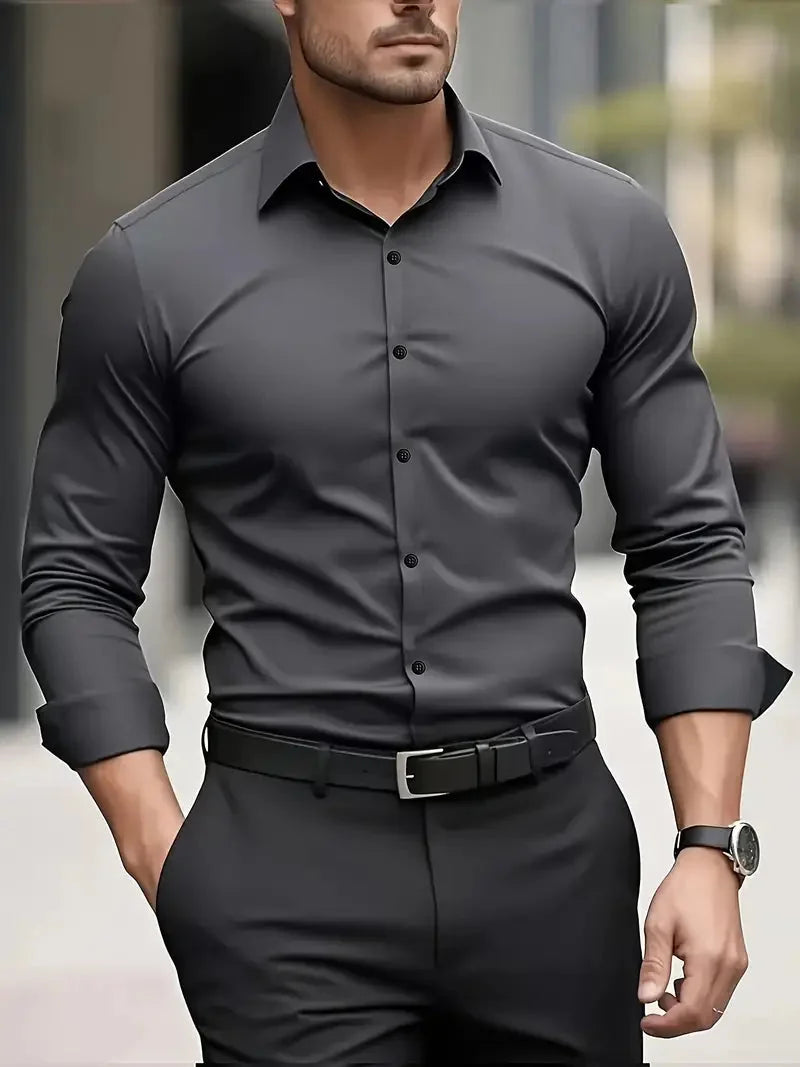 Dark Gray Men's Tailored Executive Shirt with Button-Front Closure & Slim Fit
