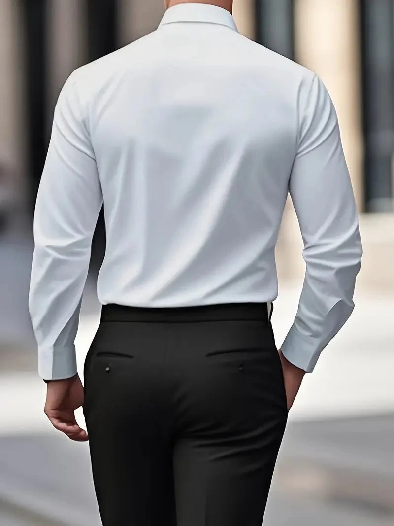 Men's Tailored Executive Shirt with Button-Front Closure & Slim Fit - Back Full Walking