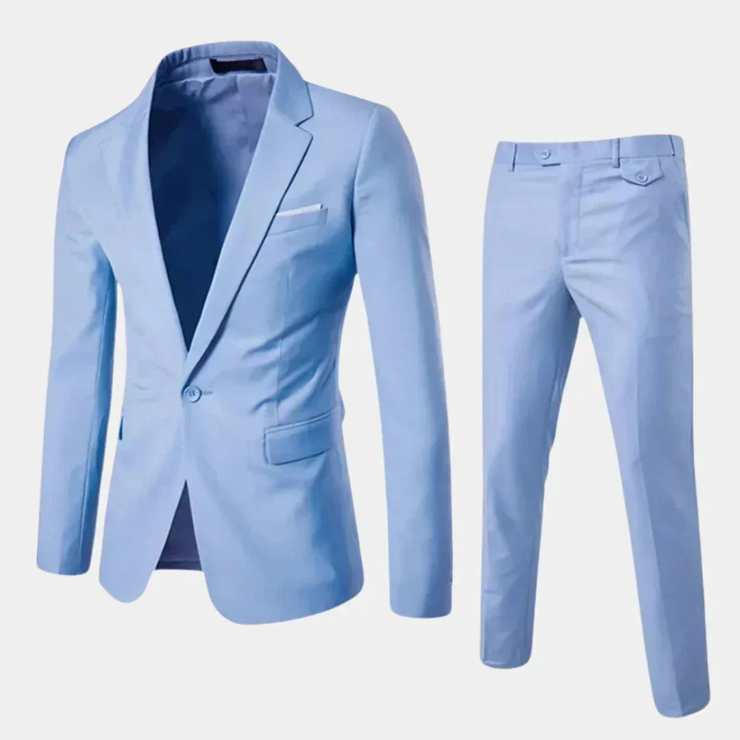 Light Blue Men's Slim-Fit Two-Piece Suit with Notched Lapel - Open Collar