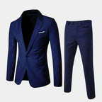 Dark Blue Men's Slim-Fit Two-Piece Suit with Notched Lapel - Side Stance