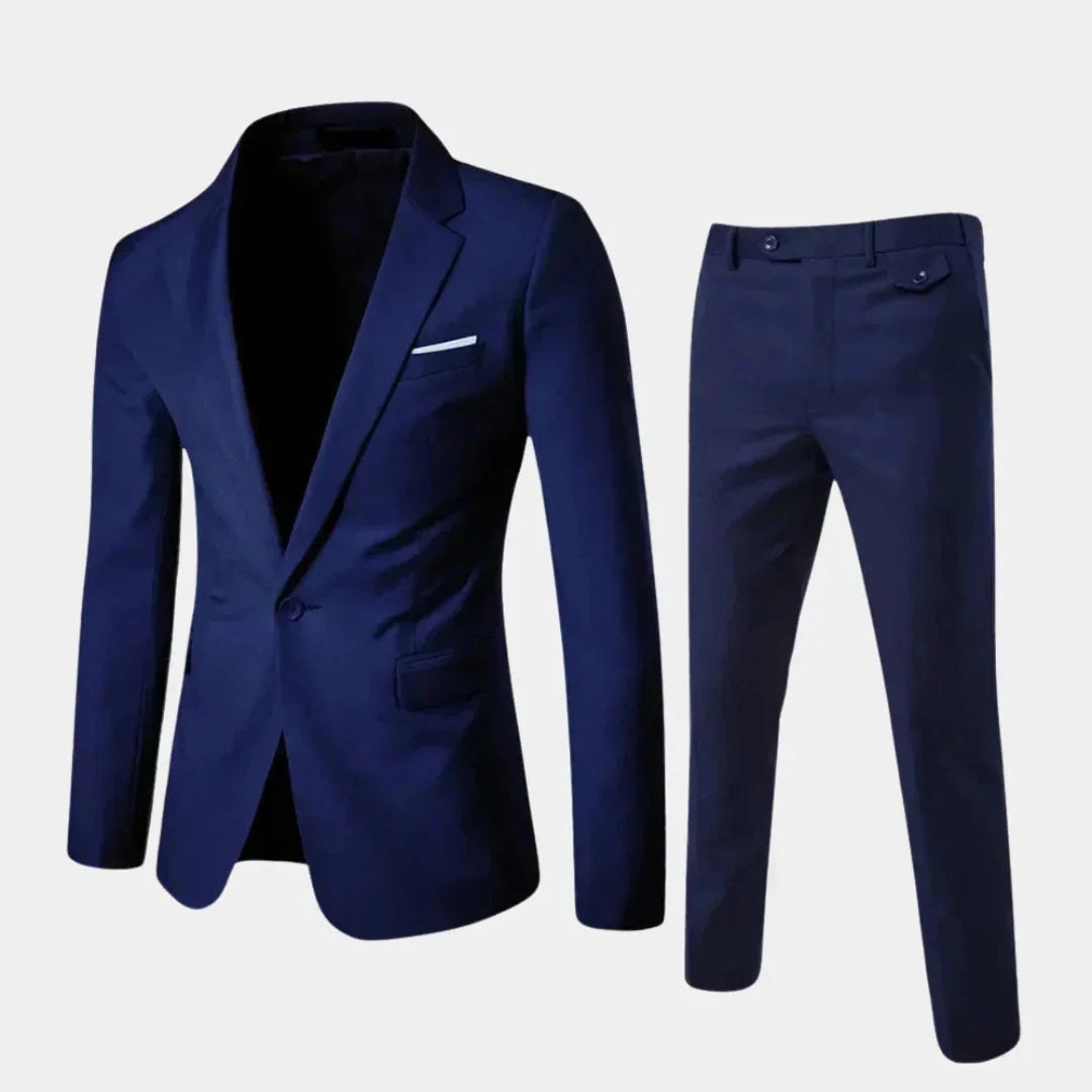 Dark Blue Men's Slim-Fit Two-Piece Suit with Notched Lapel - Side Stance