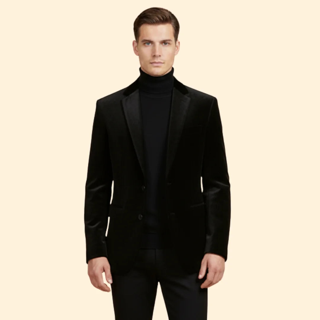 Black Men's Tailored Velvet Blazer with Single Button Closure — Gabriel