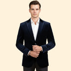 Navy Blue Men's Tailored Velvet Blazer with Single Button Closure — Gabriel