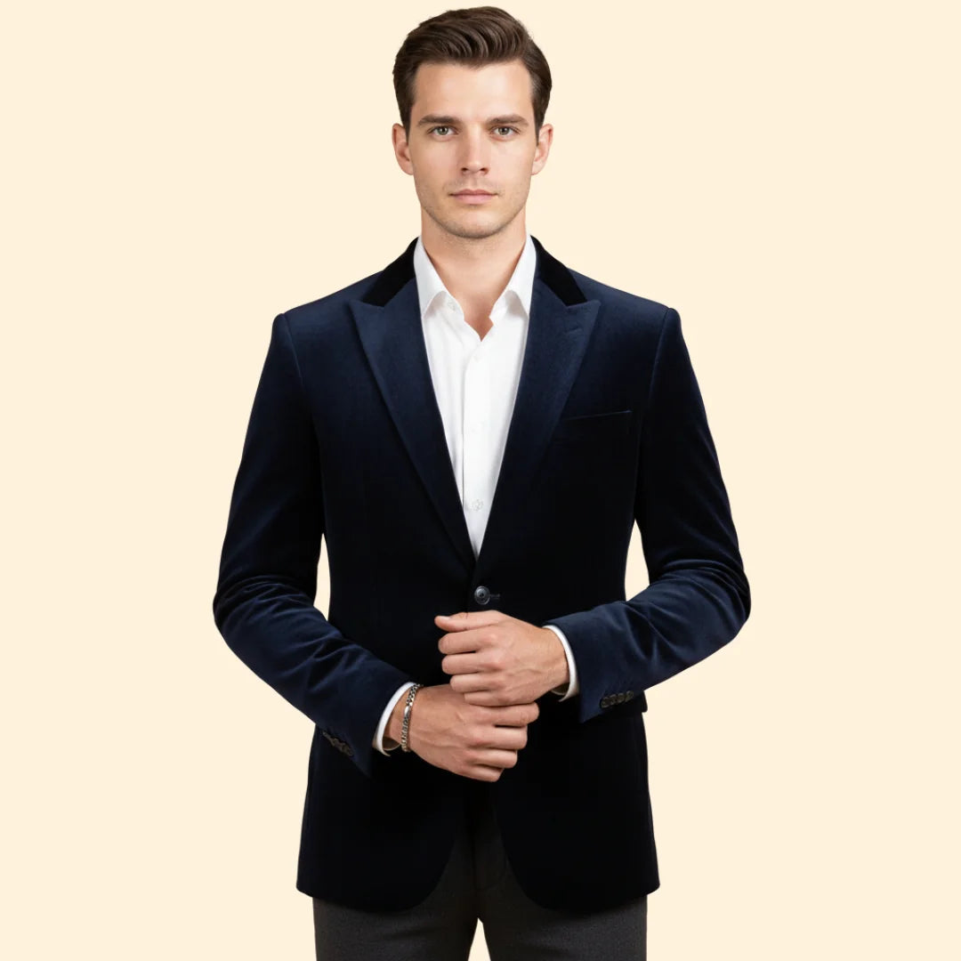 Navy Blue Men's Tailored Velvet Blazer with Single Button Closure — Gabriel