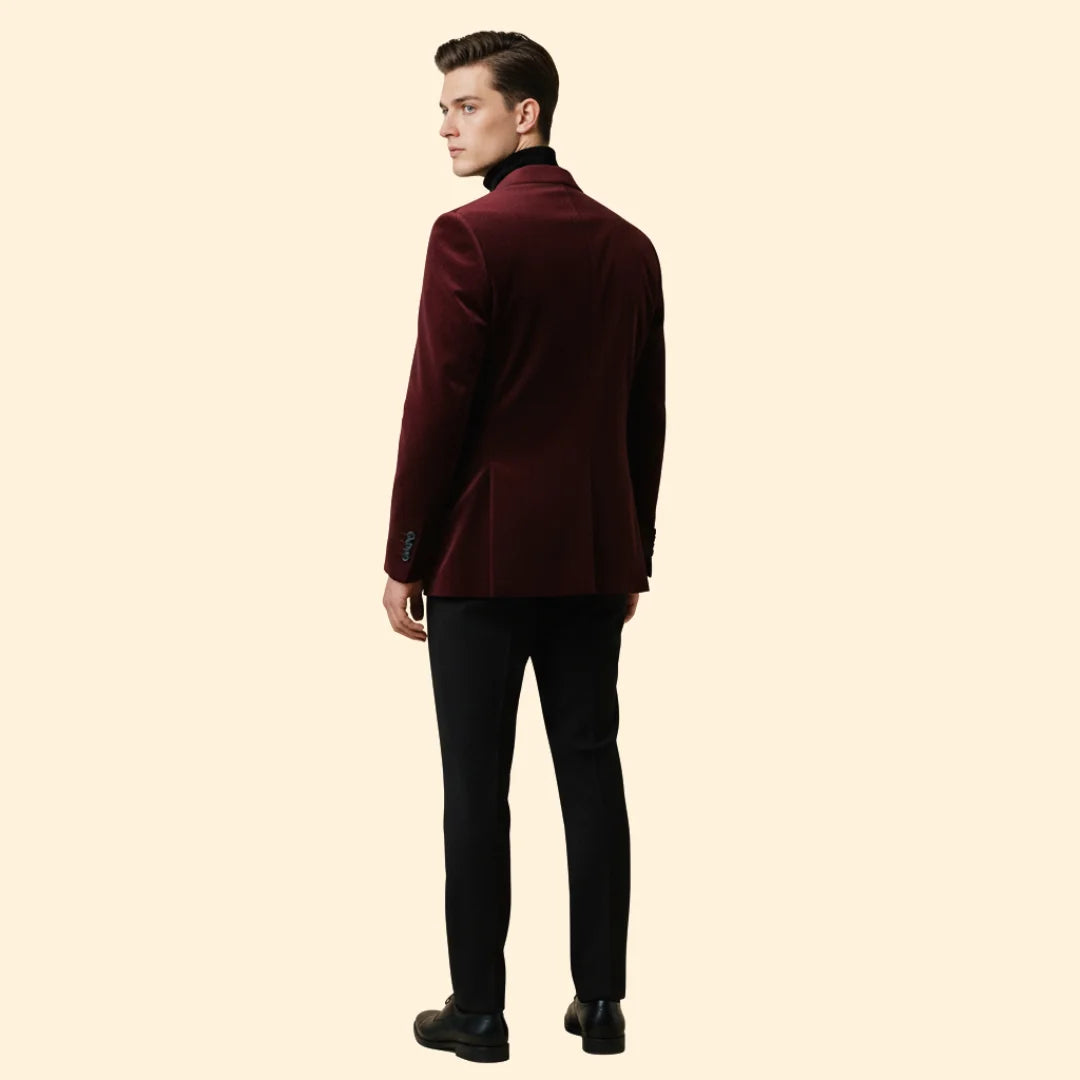 Red Men's Tailored Velvet Blazer with Single Button Closure — Gabriel - Back Full