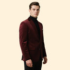 Red Men's Tailored Velvet Blazer with Single Button Closure — Gabriel - Close Up Front