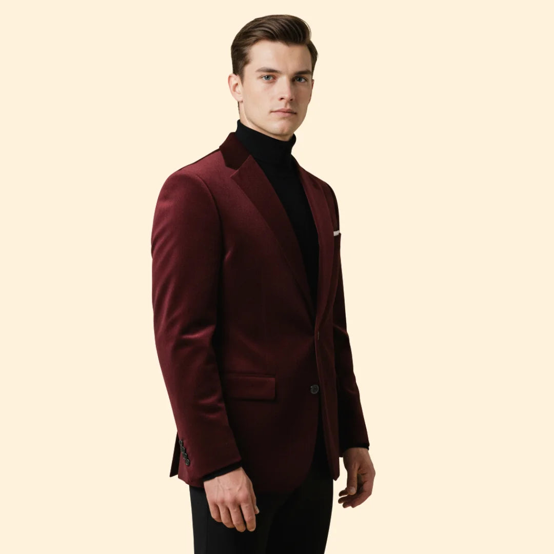 Red Men's Tailored Velvet Blazer with Single Button Closure — Gabriel - Close Up Front