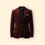 Red Men's Tailored Velvet Blazer with Single Button Closure — Gabriel - Flat Lay Front