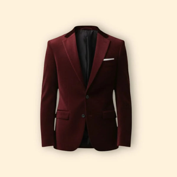 Red Men's Tailored Velvet Blazer with Single Button Closure — Gabriel - Flat Lay Front