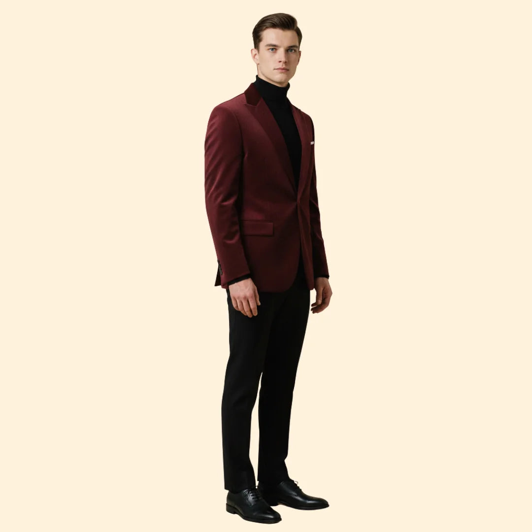 Red Men's Tailored Velvet Blazer with Single Button Closure — Gabriel - Side Pose