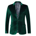 Green Men's Tailored Velvet Tuxedo Jacket with Satin Lapel & Comfortable Fit - Front Full