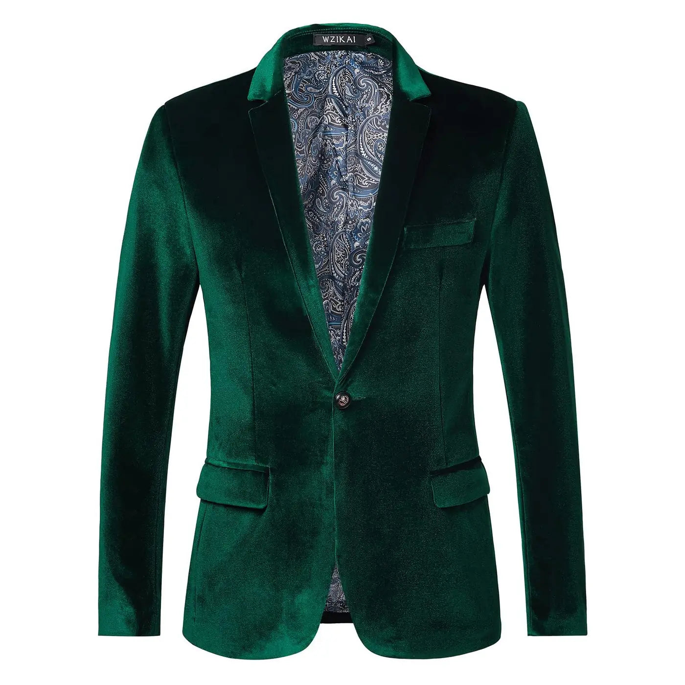 Green Men's Tailored Velvet Tuxedo Jacket with Satin Lapel & Comfortable Fit - Front Full