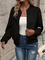 Black Women's Quilted Bomber Jacket with Textured Knit Finish