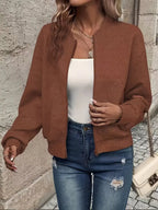 Dark Brown Women's Quilted Bomber Jacket with Textured Knit Finish