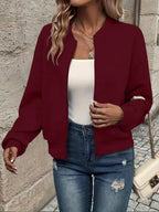 Dark Red Women's Quilted Bomber Jacket with Textured Knit Finish