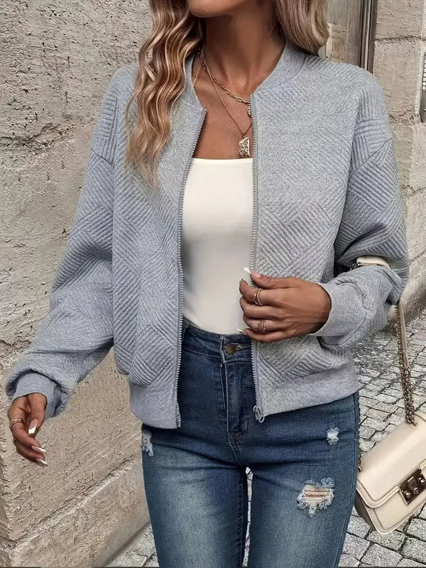 Gray Women's Quilted Bomber Jacket with Textured Knit Finish