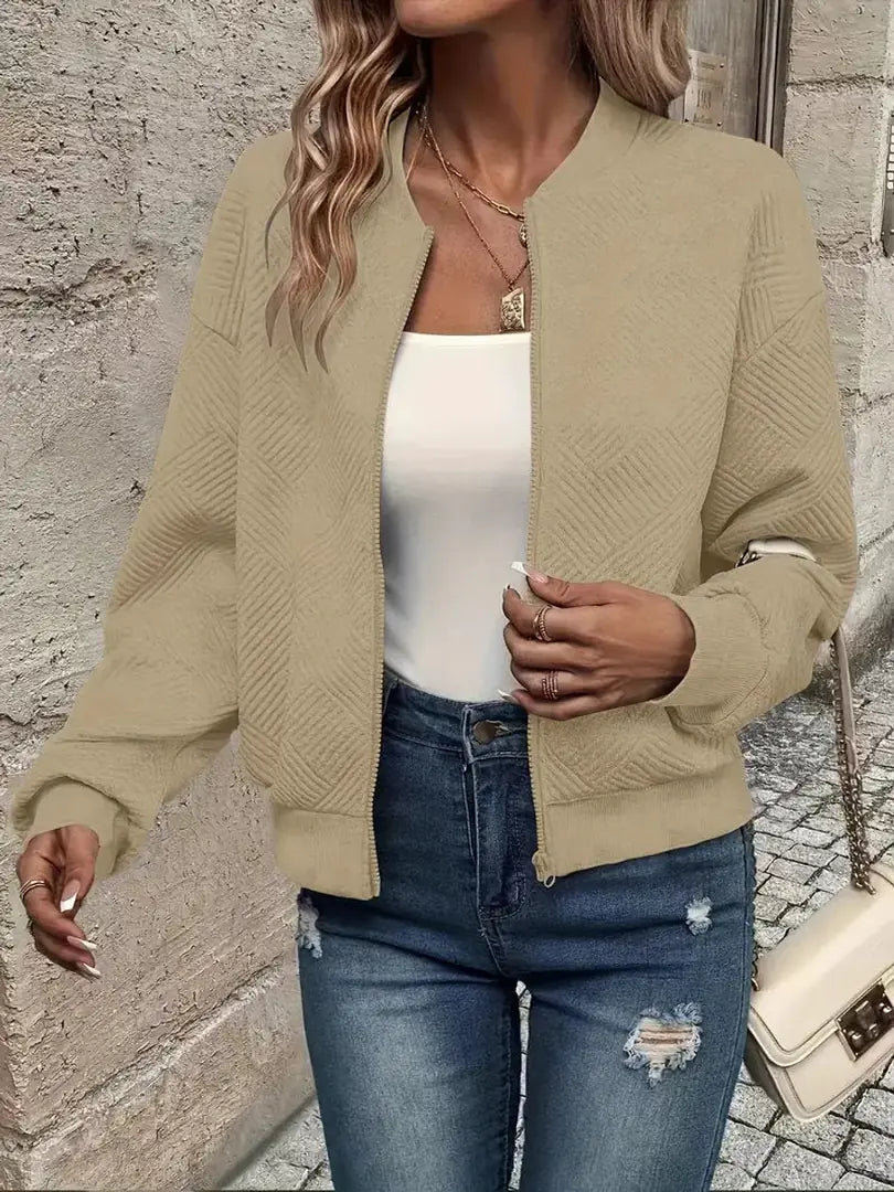 Khaki Women's Quilted Bomber Jacket with Textured Knit Finish