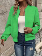 Olive Green Women's Quilted Bomber Jacket with Textured Knit Finish — Sienna - Front Bright