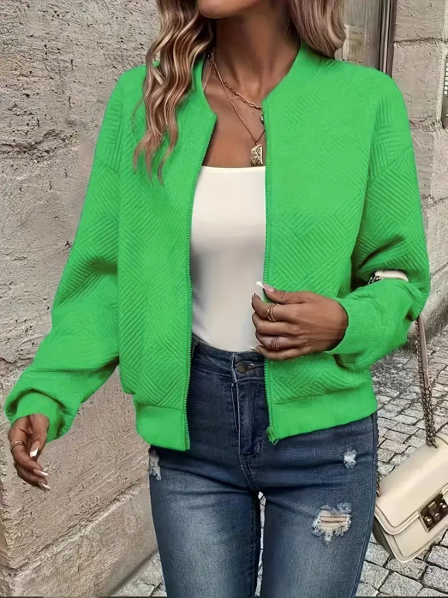 Olive Green Women's Quilted Bomber Jacket with Textured Knit Finish — Sienna - Front Bright