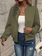 Olive Green Women's Quilted Bomber Jacket with Textured Knit Finish