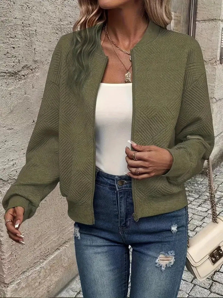 Olive Green Women's Quilted Bomber Jacket with Textured Knit Finish